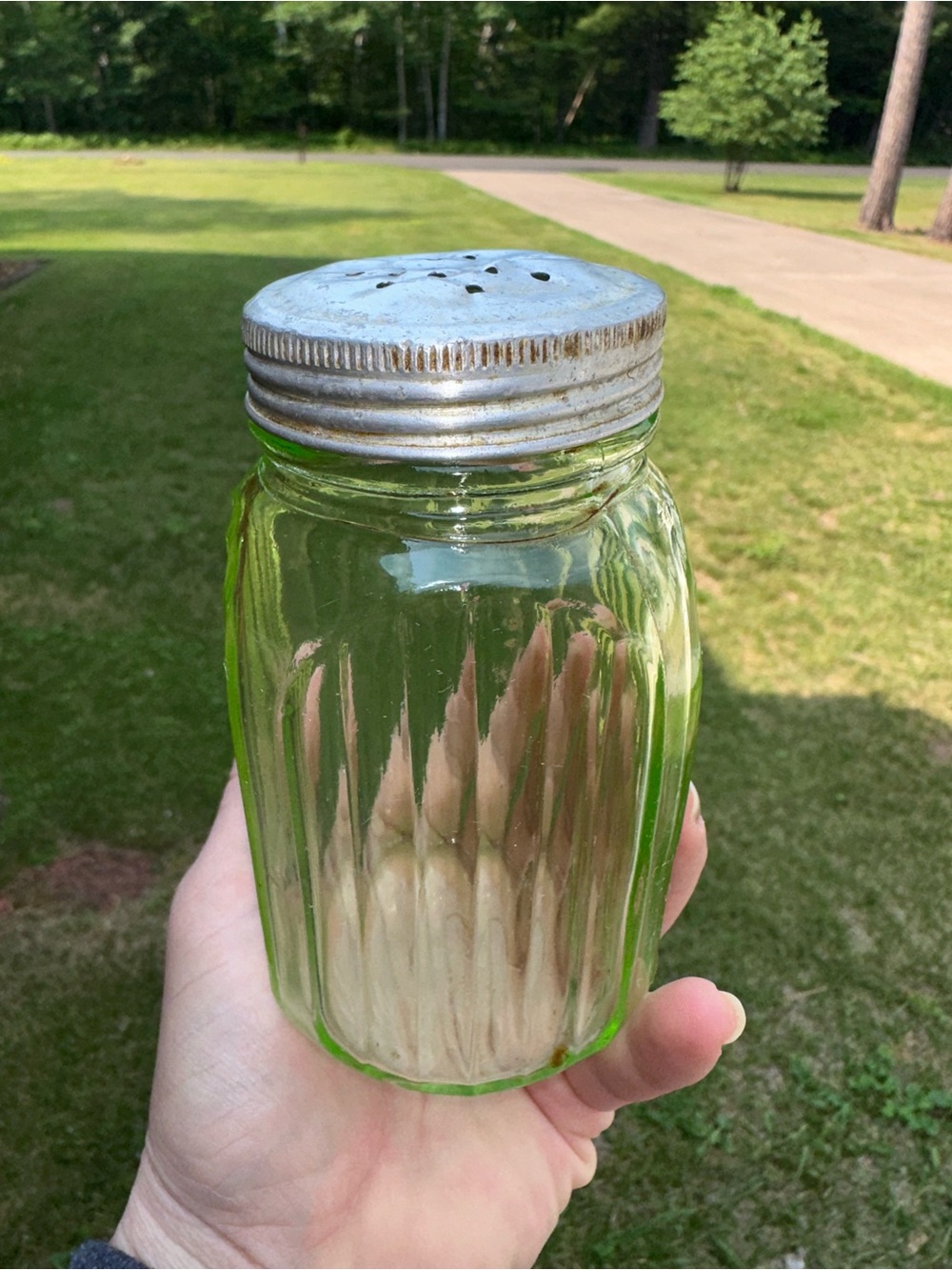 Vintage Uranium Hoosier Depression Ribbed Green Glass Sugar Shaker Glow 1930s